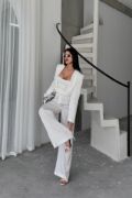 JAKARLI BLUZU TASARIM DETAYLI CEKET-PANTOLON-BLUZ 3 LÜ TAKIM - Beyaz resmi